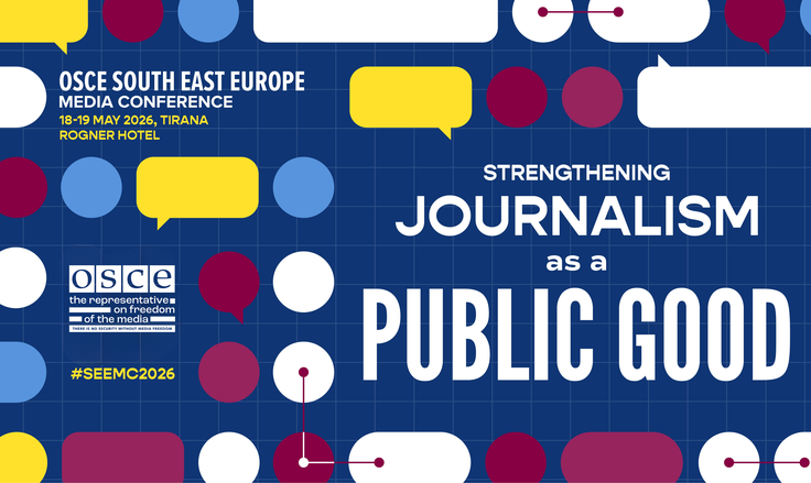 Blue conference banner with text bubbles and the conference title "Strengthening Journalism as a Public Good" in white letters.