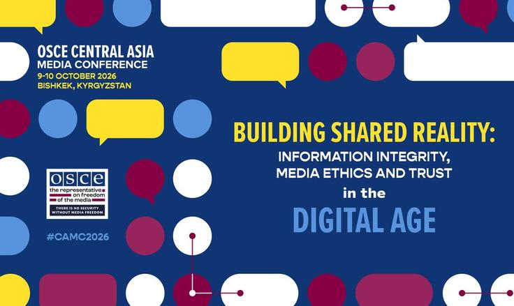 Conference graphic with speech bubbles and event details on a blue background.