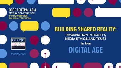 Conference graphic with speech bubbles and event details on a blue background.