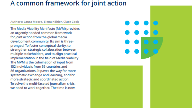 The Media Viability Manifesto cover with green and blue graphics, abstract bars, and text.