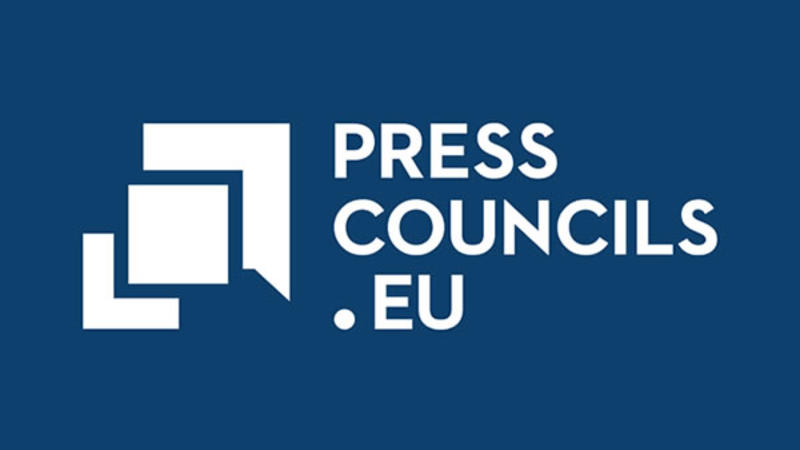 White logo of Press Councils EU with stylized speech bubbles on a blue background.