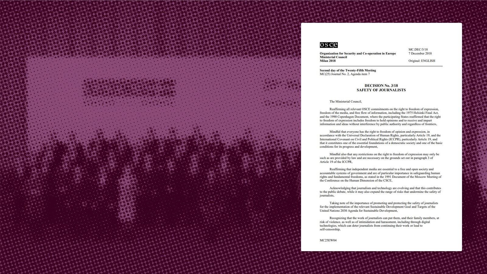 Cover page of an OSCE document titled "Decision No. 3/18 Safety of Journalists"