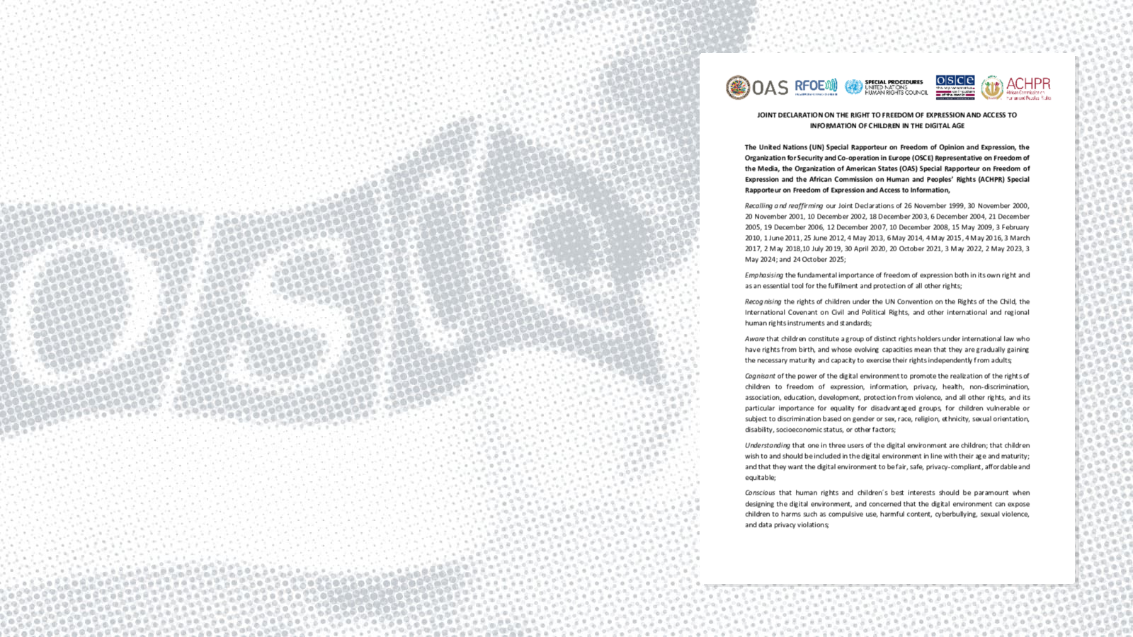 Joint Declaration on the Right to Freedom of Expression and Access to Information of Children in the Digital Age